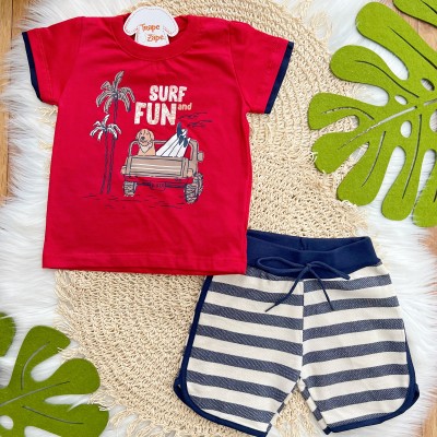 Conj. Camiseta Surf and Fun e Bermuda Listrada - Vermelho e Marinho